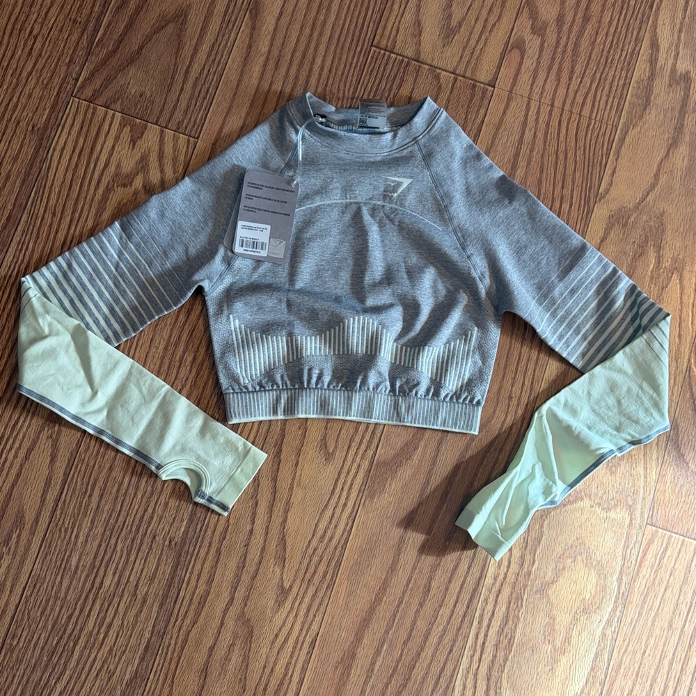 Gymshark Gray and Light Green Seamless Long Sleeve Crop Top